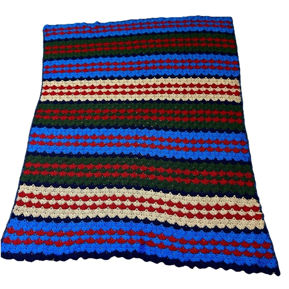 Handmade Striped Crochet‎ Afghan  Shell Pattern 52x58 Red Green Blue Cream New